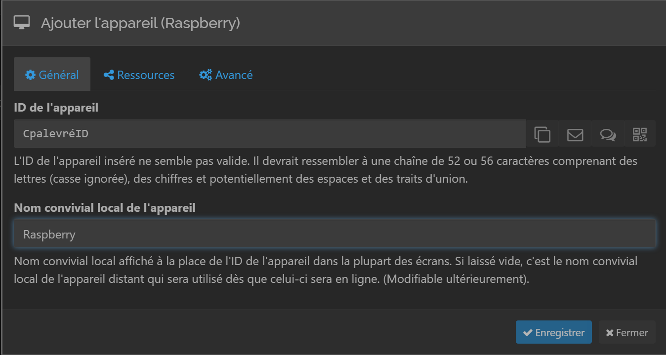 Image de l'interface Syncthing : Ajout d'un appareil via son ID