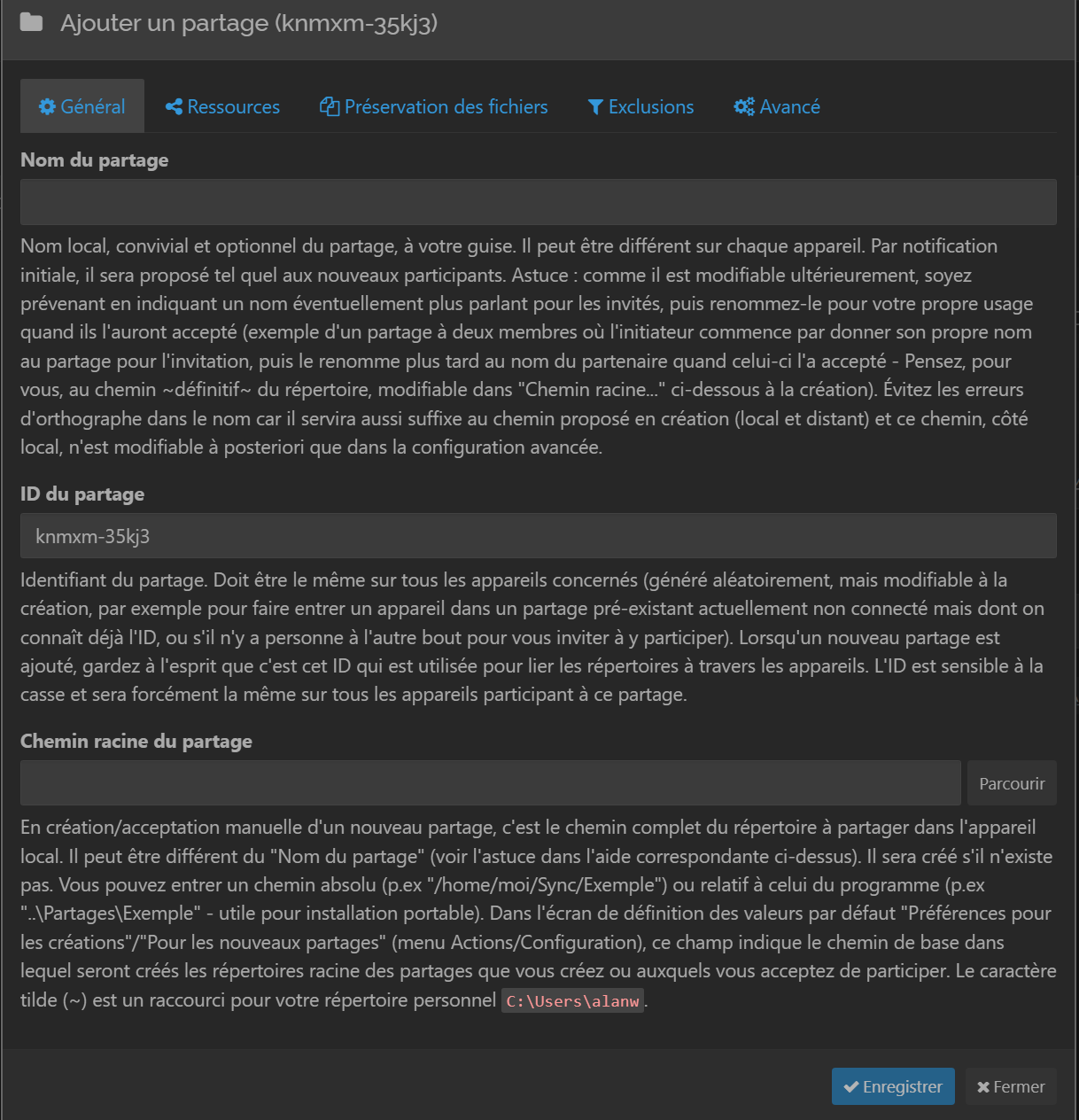 Image du menu de configuration : Partage du dossier CurseForge