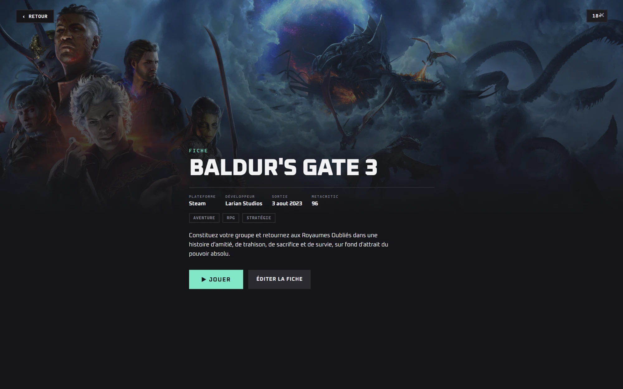 Fiche jeu de telOS pour Baldur's Gate 3, avec plateforme, développeur, date de sortie, note et boutons d'action