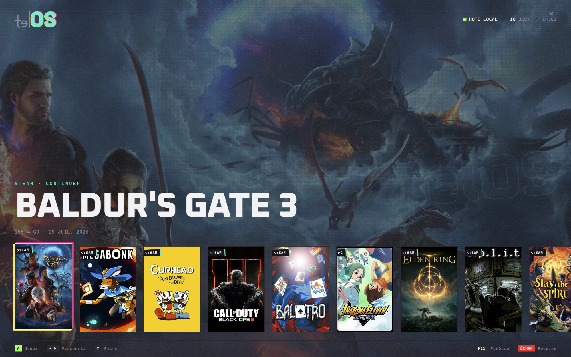 Écran principal de telOS : hero plein cadre sur Baldur's Gate 3 avec le rail de récence en dessous